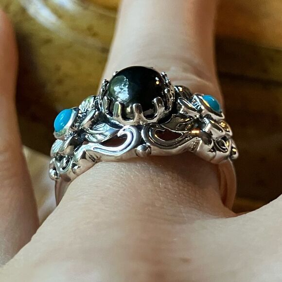 Natural Shungite Sleeping Beauty Turquoise Sterling Silver Ring Size 8 - Picture 2 of 9